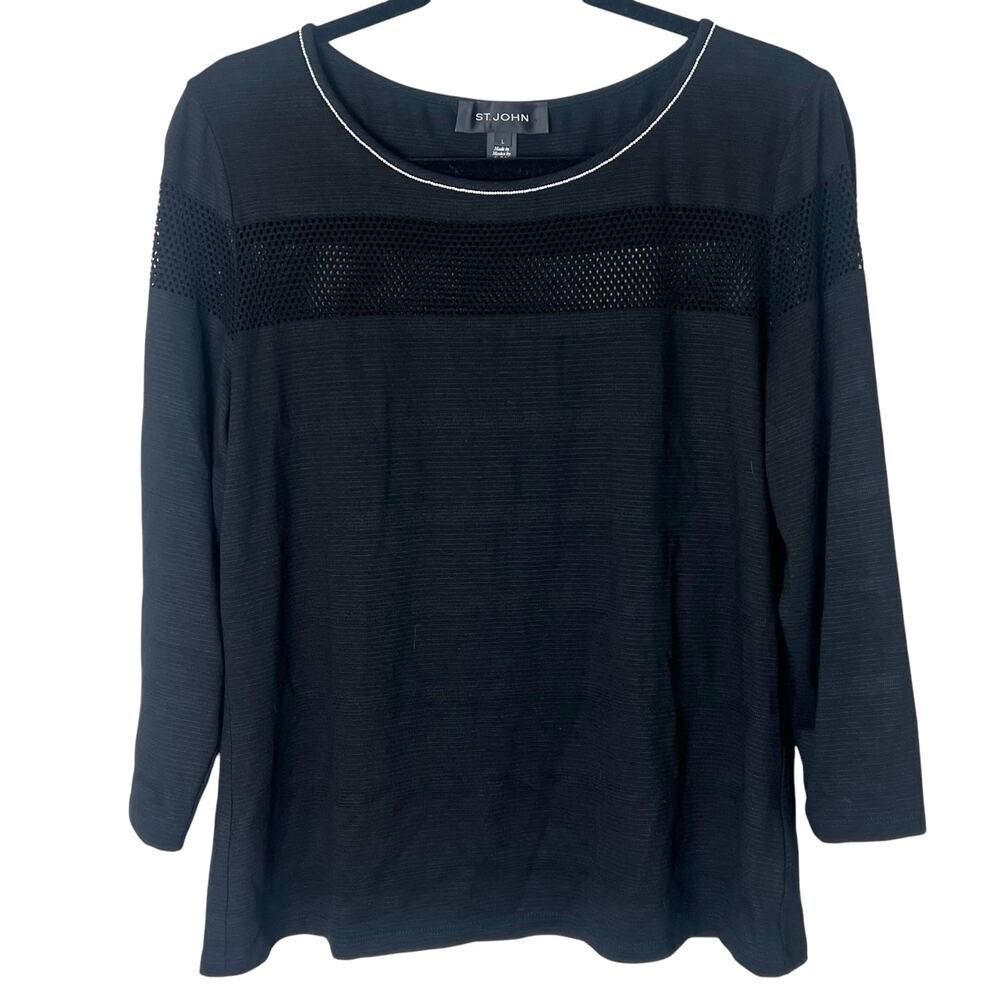 St. John Fine Gauge Knit Sweater Black Crewneck with Small Beads Sz L